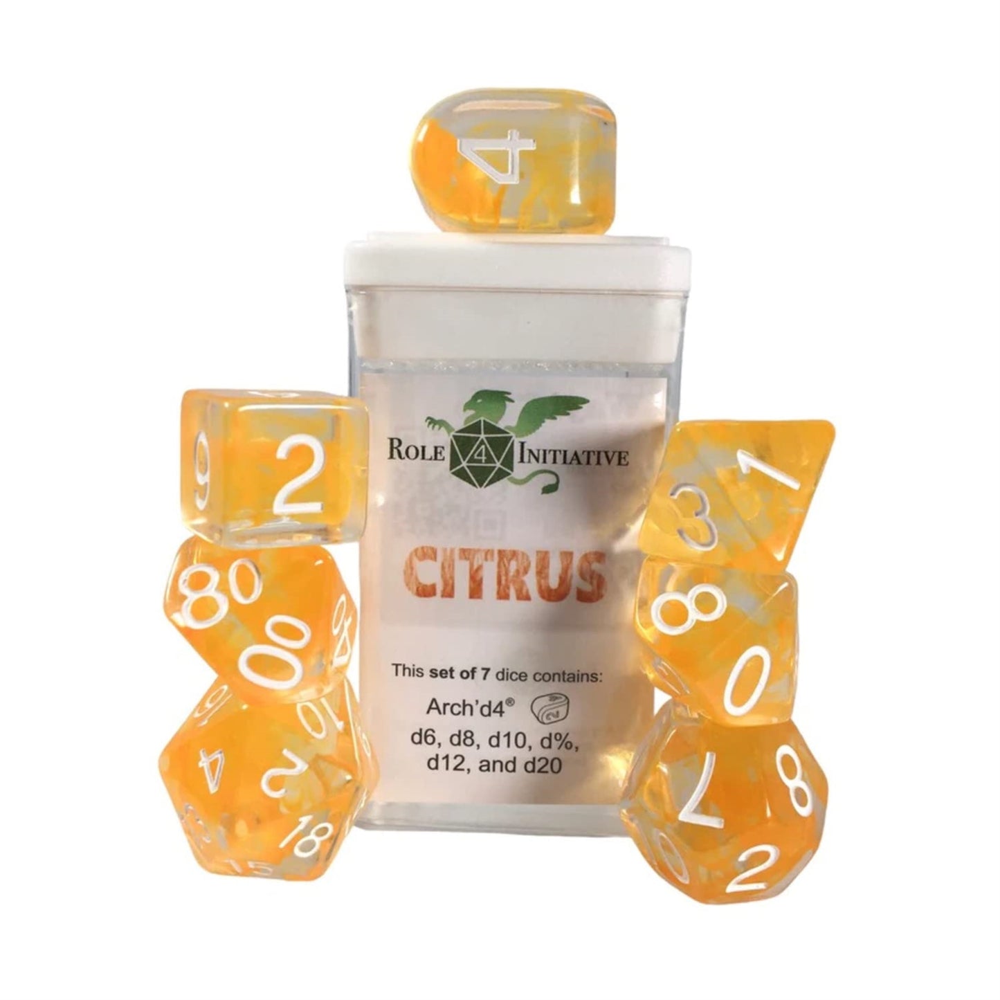 Role 4 Initiative Polyhedral Dice - Citrus W/White, Arch'D4 (7)