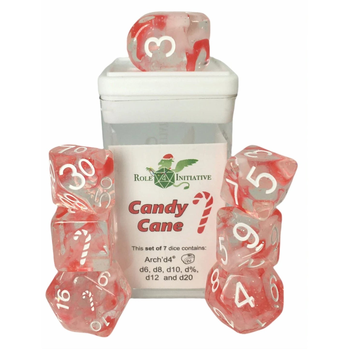 Happy Holi-Dice: Diffusion Candy Cane - Set Of 7 Game Dice W/ Arch'D4 And Symbols
