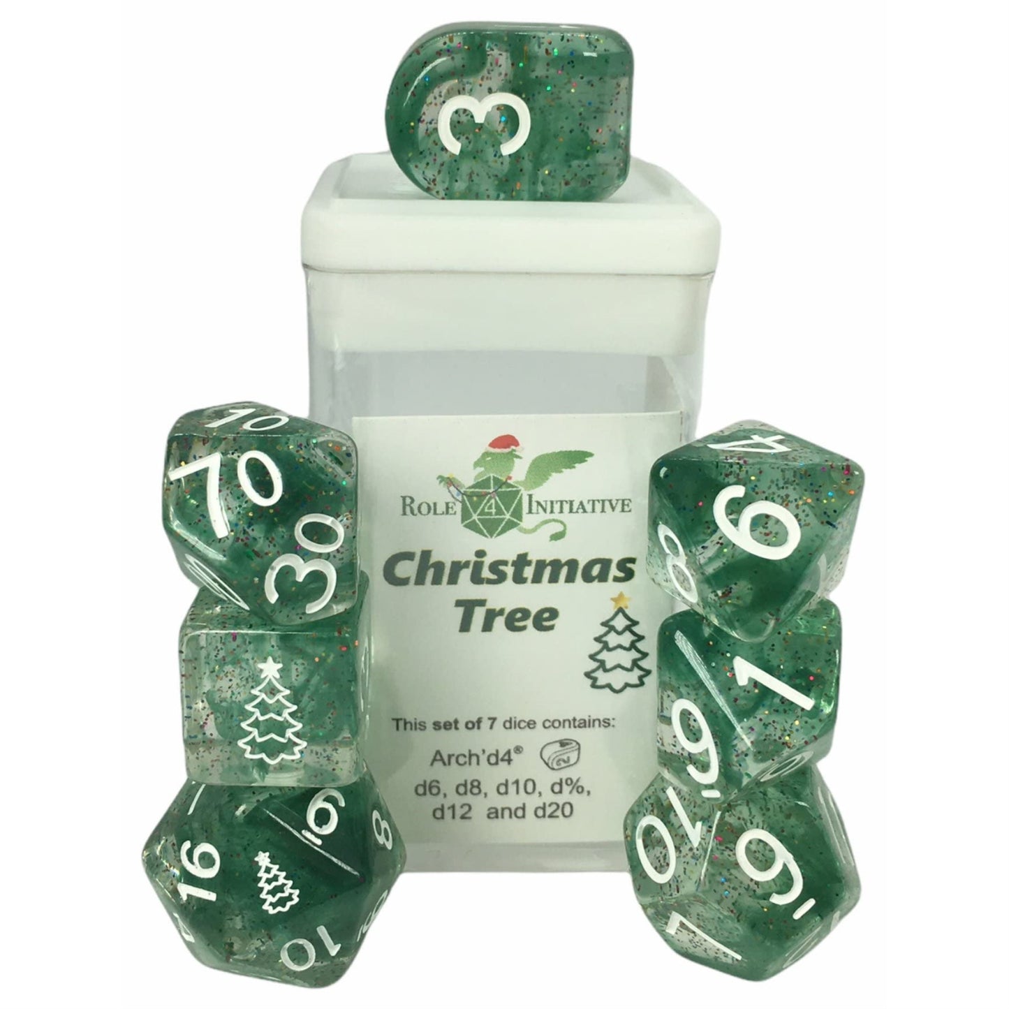 Happy Holi-Dice: Diffusion Christmas Tree - Set Of 7 Game Dice W/ Arch'D4 And Symbols