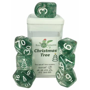 Happy Holi-Dice: Diffusion Christmas Tree - Set Of 7 Game Dice W/ Arch'D4 And Symbols