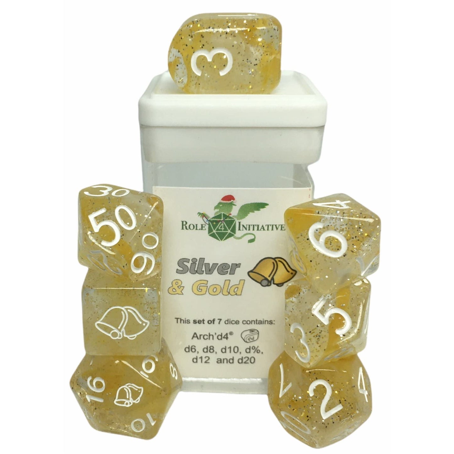 Happy Holi-Dice: Diffusion Silver & Gold - Set Of 7 Game Dice W/ Arch'D4 And Symbols