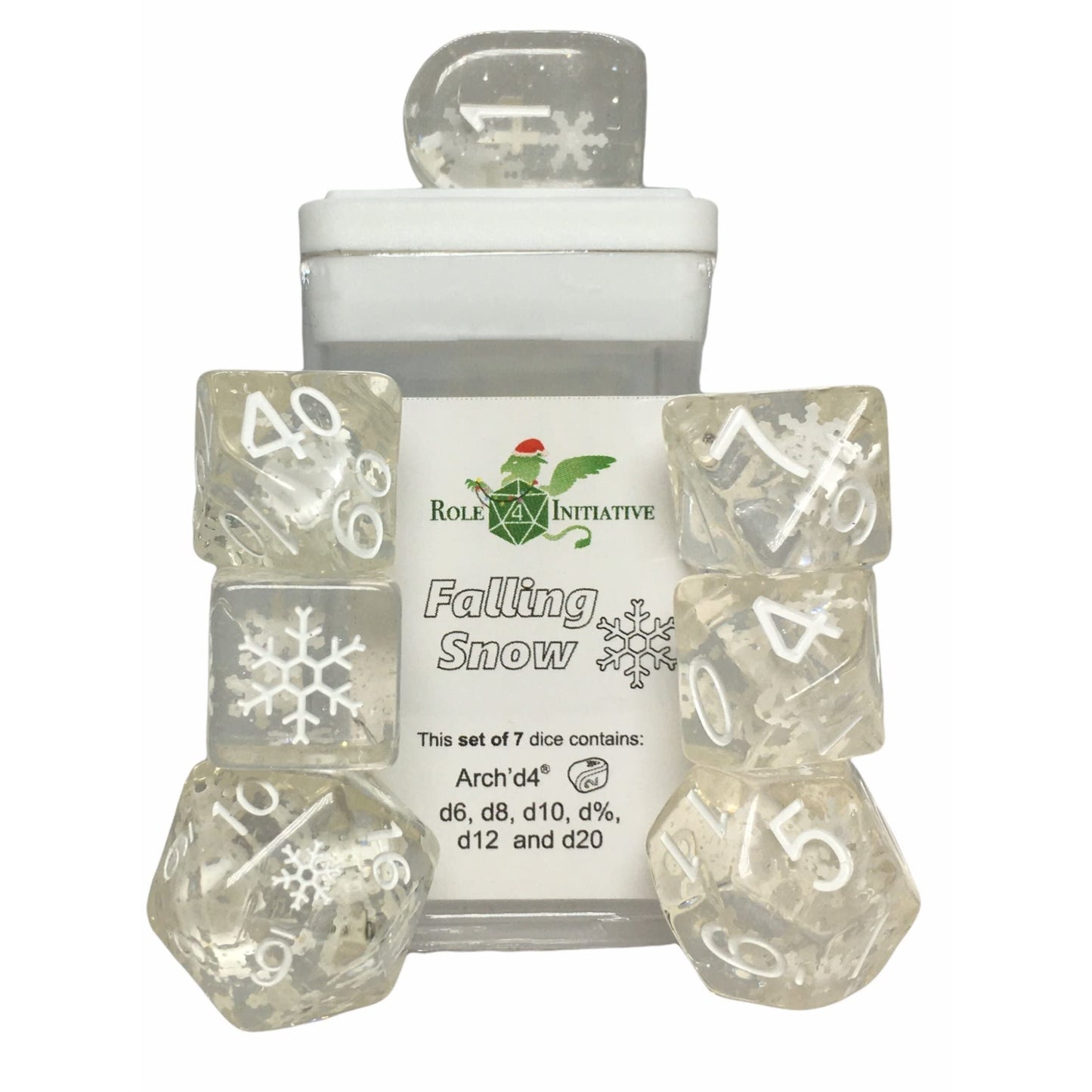 Happy Holi-Dice: Diffusion Falling Snow - Set Of 7 Game Dice W/ Arch'D4 And Symbols