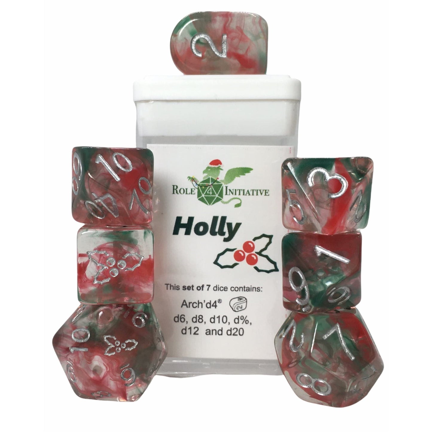 Happy Holi-Dice: Diffusion Holly - Set Of 7 Game Dice W/ Arch'D4 And Symbols