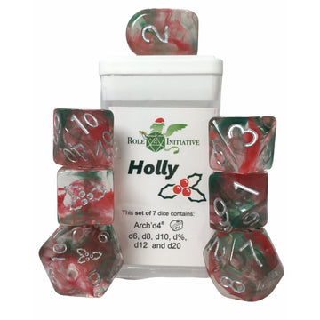 Happy Holi-Dice: Diffusion Holly - Set Of 7 Game Dice W/ Arch'D4 And Symbols