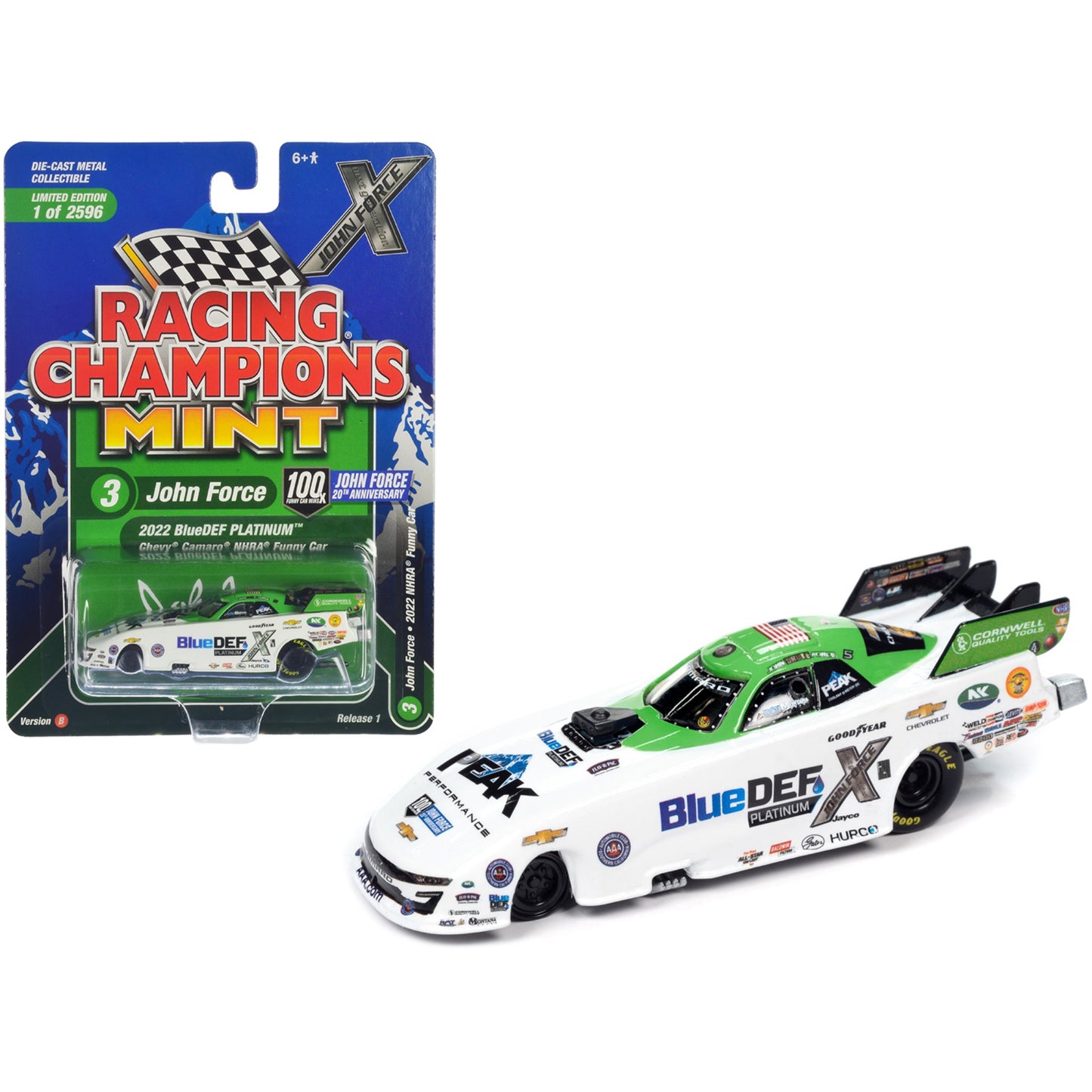 Chevrolet Camaro Nhra Funny Car John Force ''Bluedef Platinum'' (2022) ''John Force Racing'' ''Racing Champions Mint 2023'' Rele