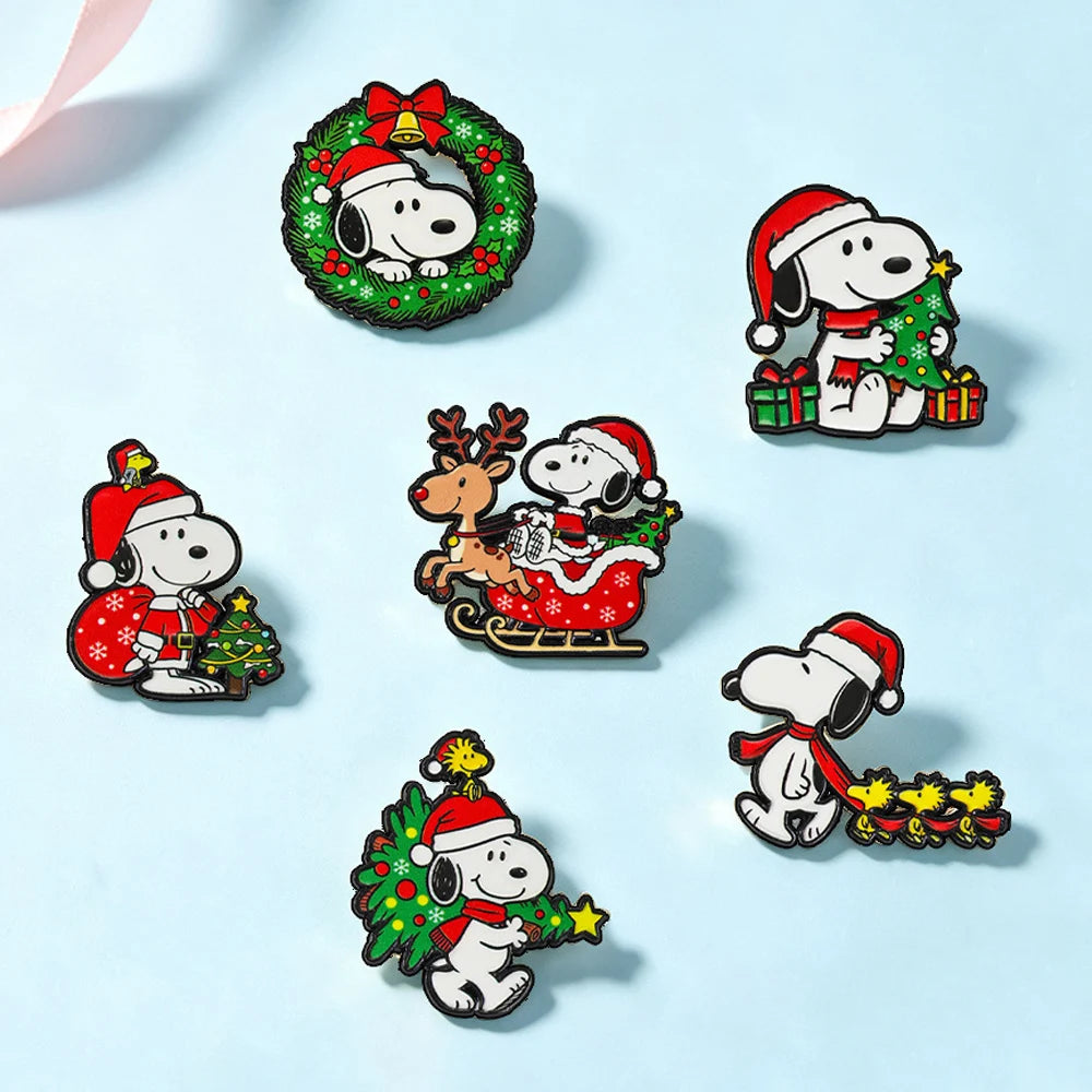 6Pcs Cute Puppy Christmas Enamel Pins Santa Tree White Dog Animal Brooch Puppy Lapel Badge For Backpack Hat Xmas Holiday Gift