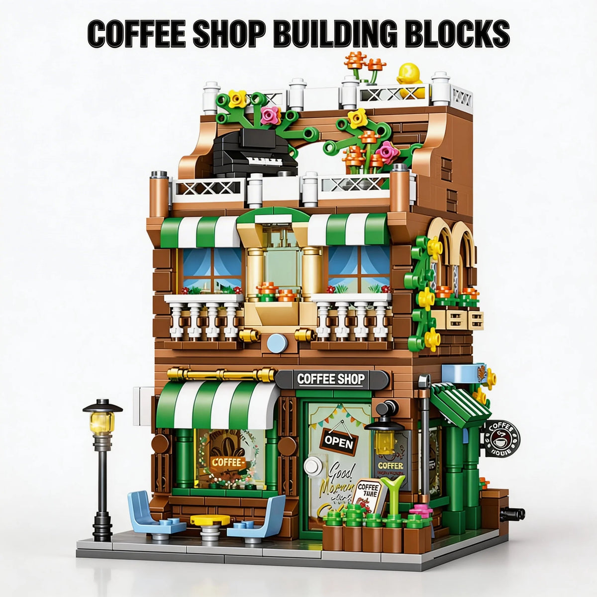 City Street View Coffee Shop Modular Building Blocks, MOC Architecture Bricks Set, DIY Town Life Model Toys for Kids & Adults