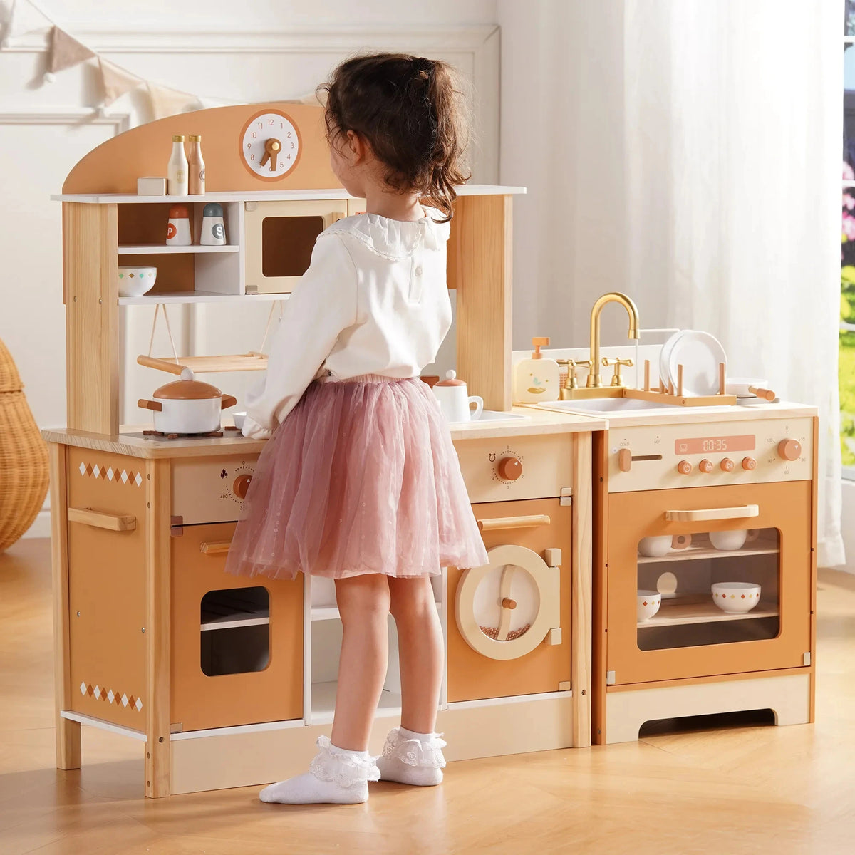 Robud Kids Wooden Play Kitchen All in One Corner Set Includes Oven Refrigerator Washer Perfect Birthday Gift for Little Chefs