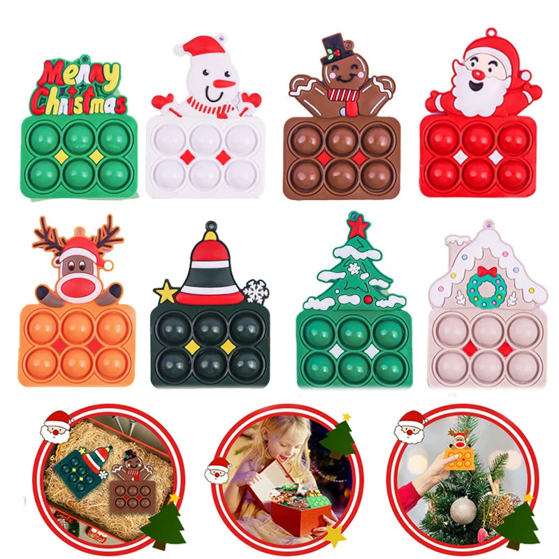 Christmas Keychain Fidget Toys Push Bubble Sensory Toys Santa Claus Elk Christmas Tree Keyrings for Kids Adult Christmas Gifts