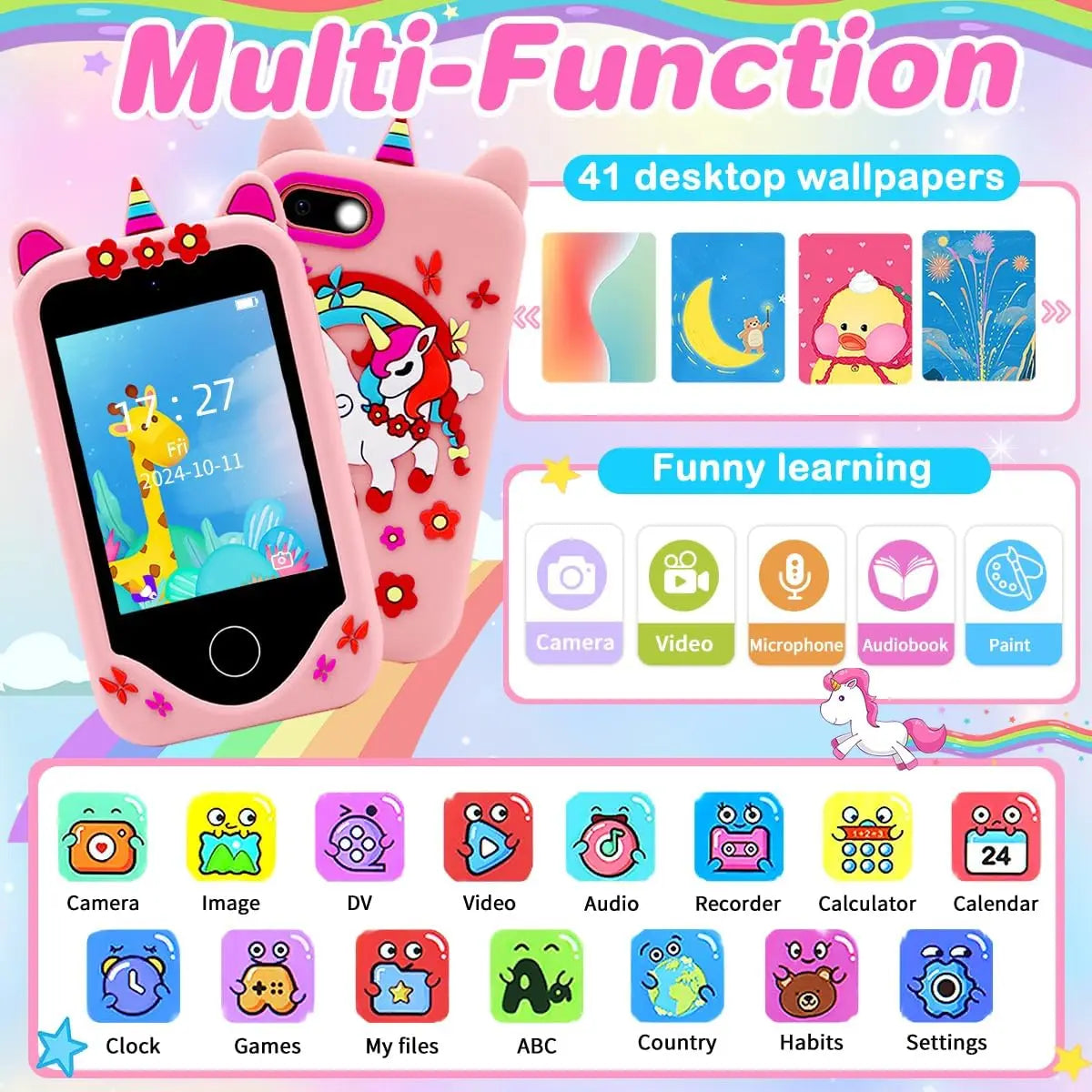 Kids Smart Phone Camera Toy Phone 40+ Games Touch Screen Learning Toy For 3-12 Year Old Boys Girls MP3 Player Birthday Gifts