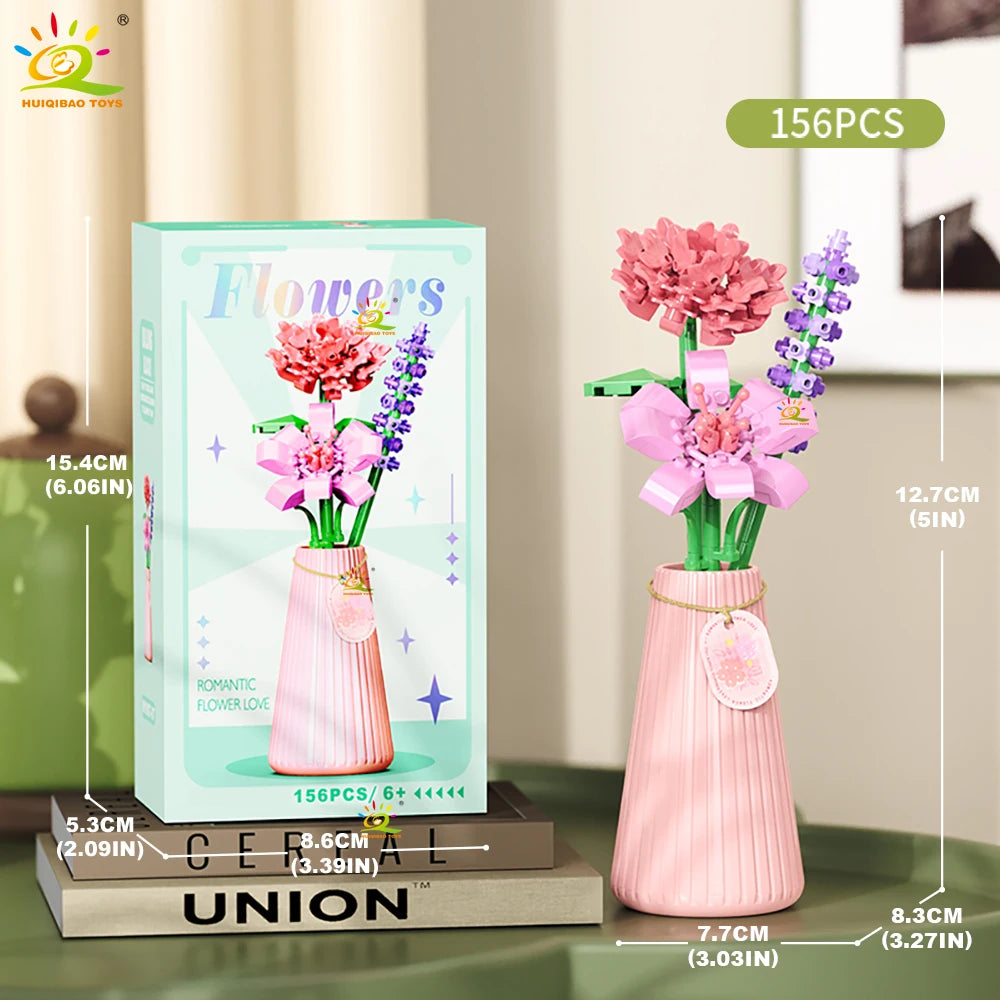 HUIQIBAO MOC Eternal Flower Bouquet with pot Micro Building Block Sunflower Rose Mini Model Brick Toy home Desk Decoration