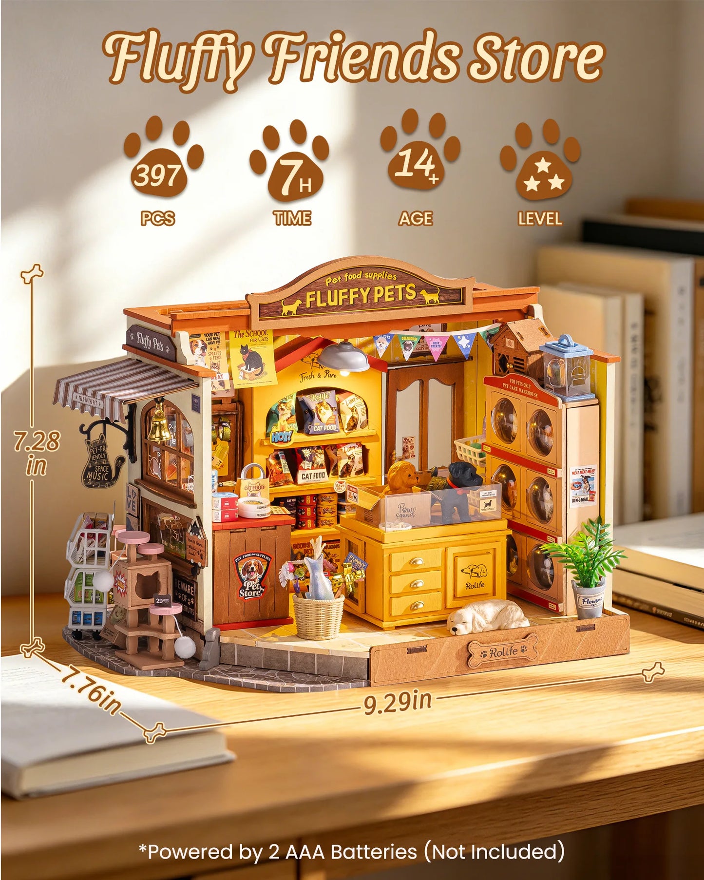 Rolife DIY Miniature House Kit Pet Store Dollhouse Wooden 3D Puzzle Model Building Kit with LED Light for Home Decor Suitable for Adults and Kids