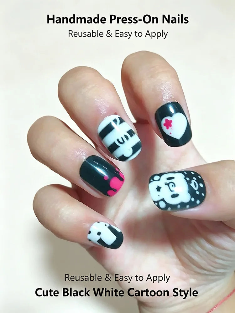 Sweet Cool Y2K Black White Contrast Press On Nails With Heart Music Note Cartoon Bear Print Unique Minority Reusable