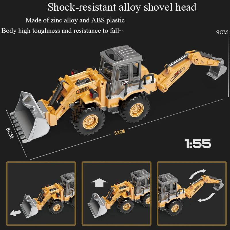 2 Sizes Simulation 2in1 Bulldozer Excavator Vehicle Double Forklift Alloy Toys Diecast Engineering Truck Construction Boys Gifts