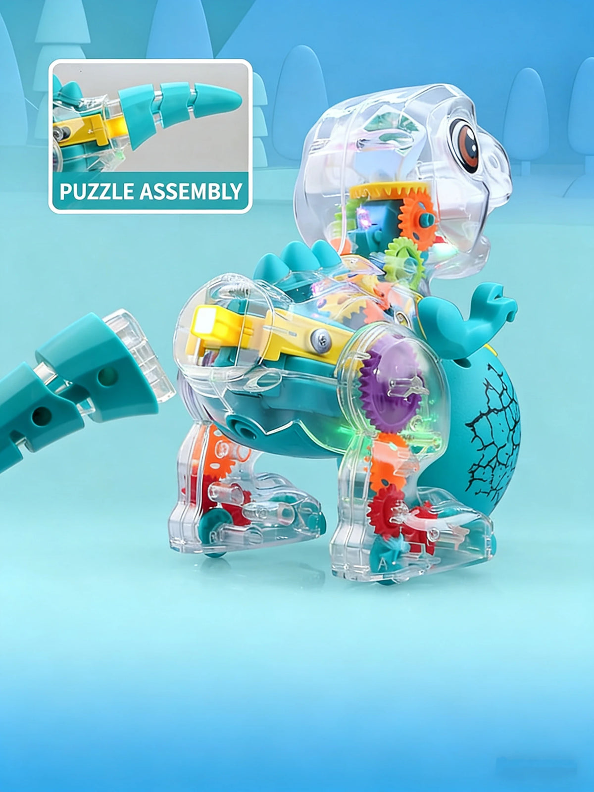 Electric Dinosaur Toy Car for Kids Robot Pet Universal Wheel Bump and Go Swing Toy Transparent Gear with Lights and Music