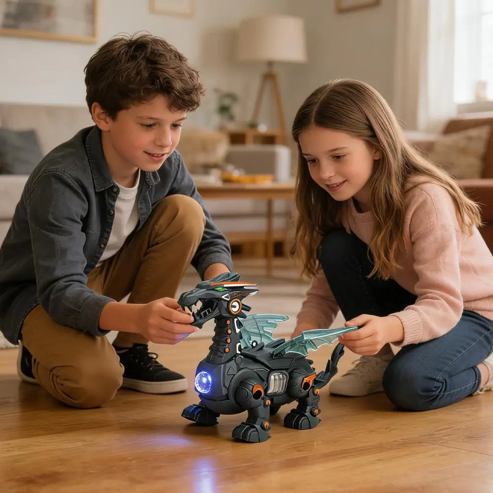 Kids Electric Walking Dragon Toy with Music & Light Interactive Mechanical Dinosaur Toy with Pull Rope Educational Gift for Boys