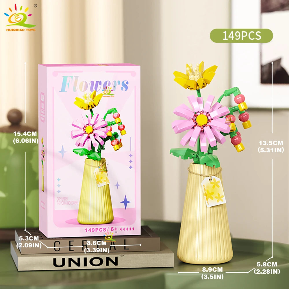 HUIQIBAO MOC Eternal Flower Bouquet with pot Micro Building Block Sunflower Rose Mini Model Brick Toy home Desk Decoration