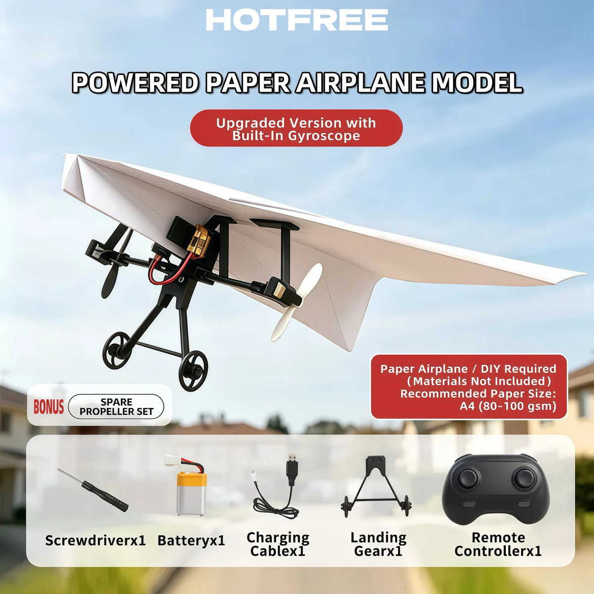 Hotfree Power-Up RC Paper Airplane Kit with Gyro Stabilizer – DIY Electric Remote Control Plane with Dual Propellers, Lightweight Foldable Flying STEM Toy for Kids & Adults, Perfect Birthday Gift