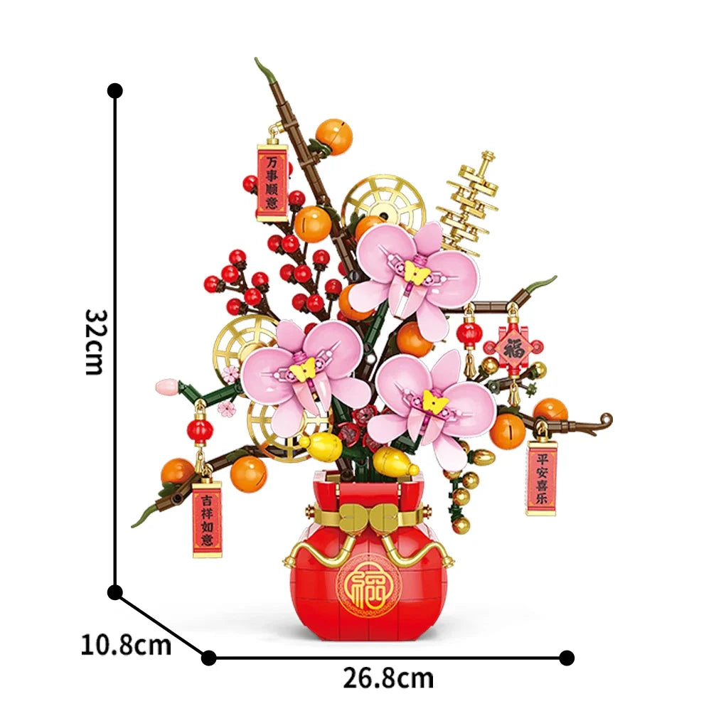 Creative City Bouquet, Peach Blossoms, Narcissus, Bonsai, Potted Plants, Building Block Models, Children's Home Decoration Toys