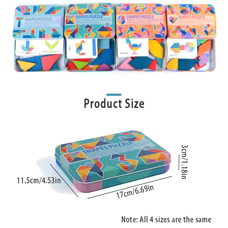 Creative colorful Iron Box Tangram, Children's Early Education, Heart / Egg-Shaped Nine Tangrams, Wooden DIY Large Puzzle Toy