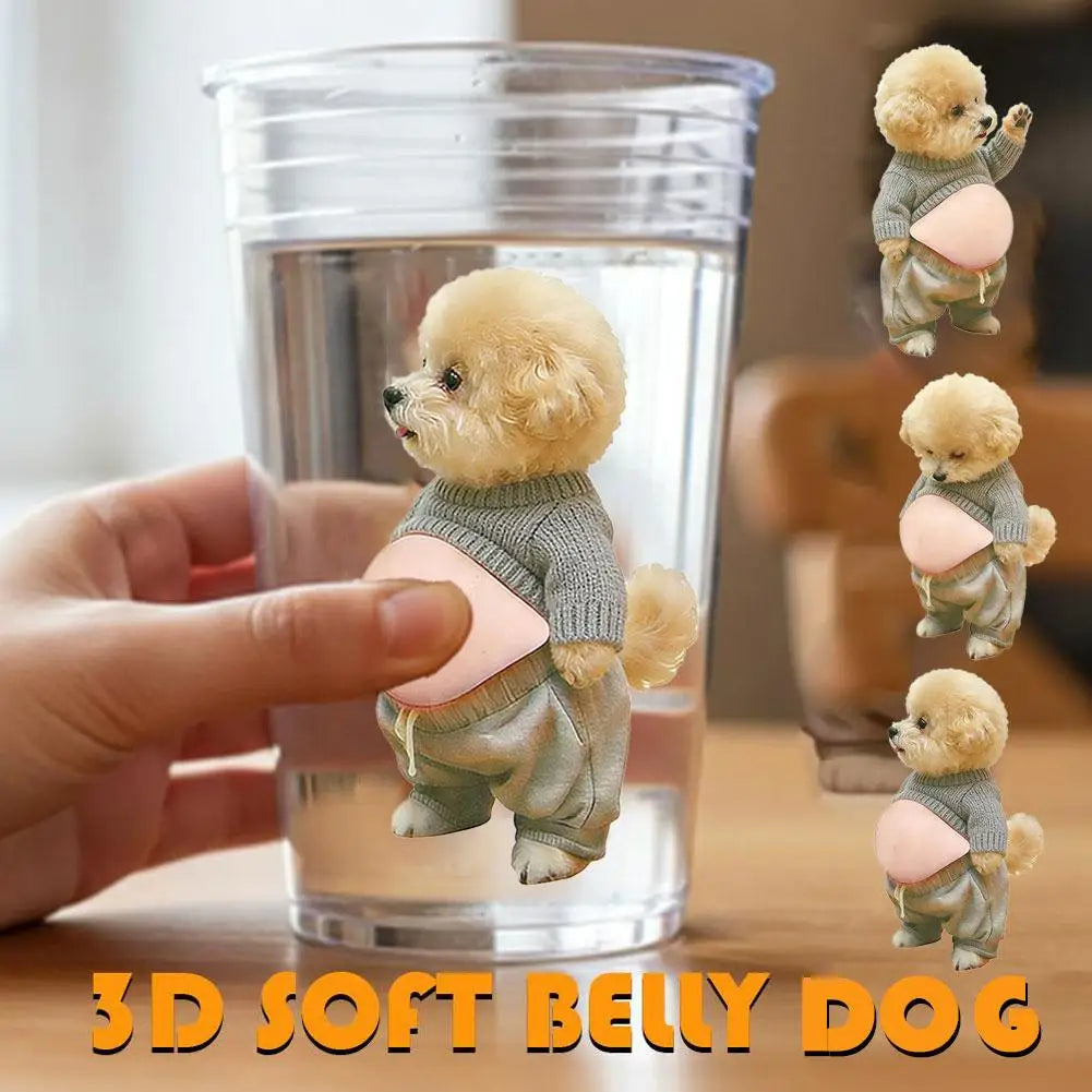 2026 3D Teddy Dog Belly Sticker - Cute puppy wearing orange outfit with soft pink background, silicone self-adhesive
