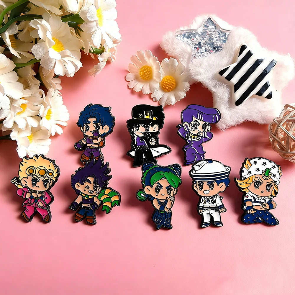 8Pcs Anime JoJo Enamel Pins Cute Chibi Hero Characters Jotaro Josuke Giorno Jolyne Lapel Pins Creative Brooch Badge Gift
