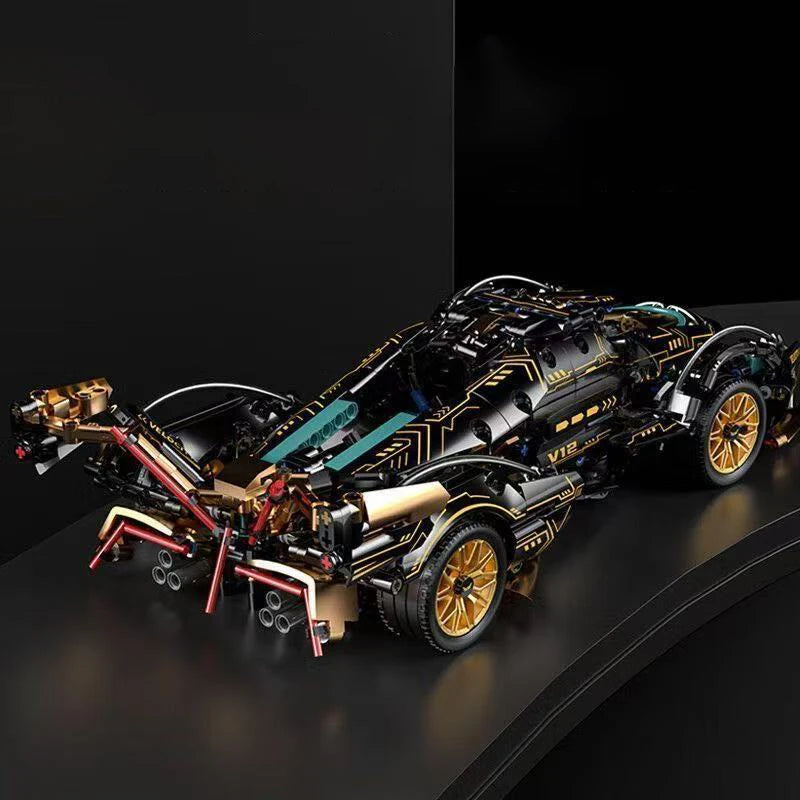 A 523-piece set of black and gold, aerodynamic sports car DIY building blocks, suitable for office/home decor and assembly toys.