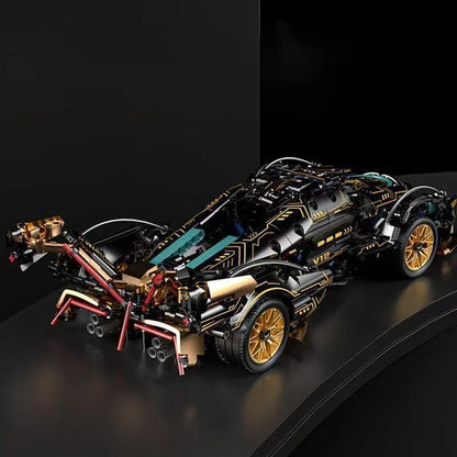 A 523-piece set of black and gold, aerodynamic sports car DIY building blocks, suitable for office/home decor and assembly toys.
