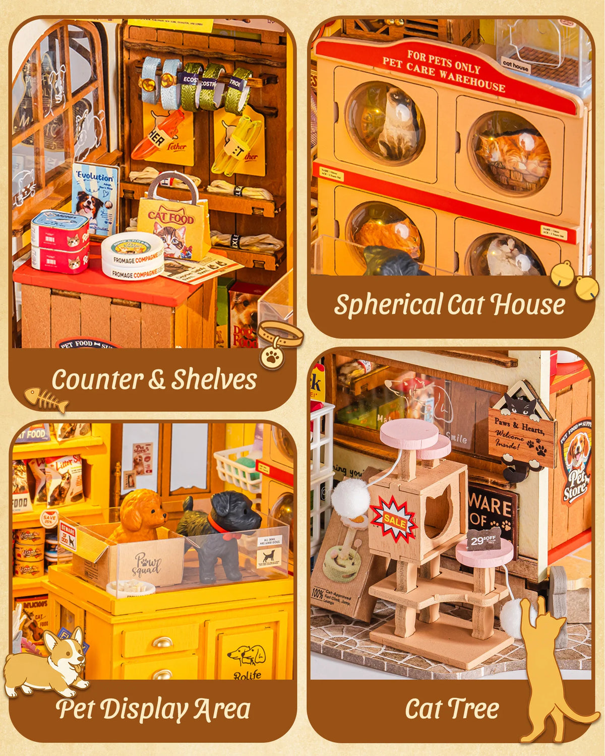Rolife DIY Miniature House Kit Pet Store Dollhouse Wooden 3D Puzzle Model Building Kit with LED Light for Home Decor Suitable for Adults and Kids