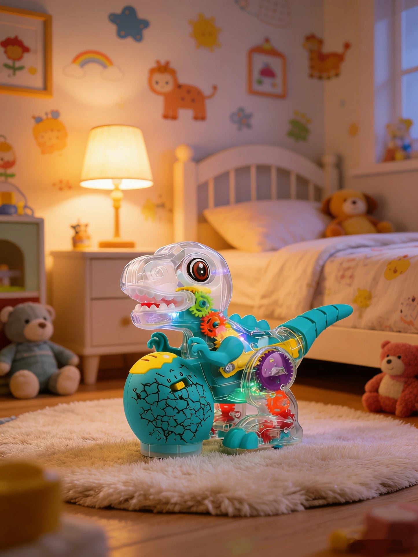 Electric Dinosaur Toy Car for Kids Robot Pet Universal Wheel Bump and Go Swing Toy Transparent Gear with Lights and Music