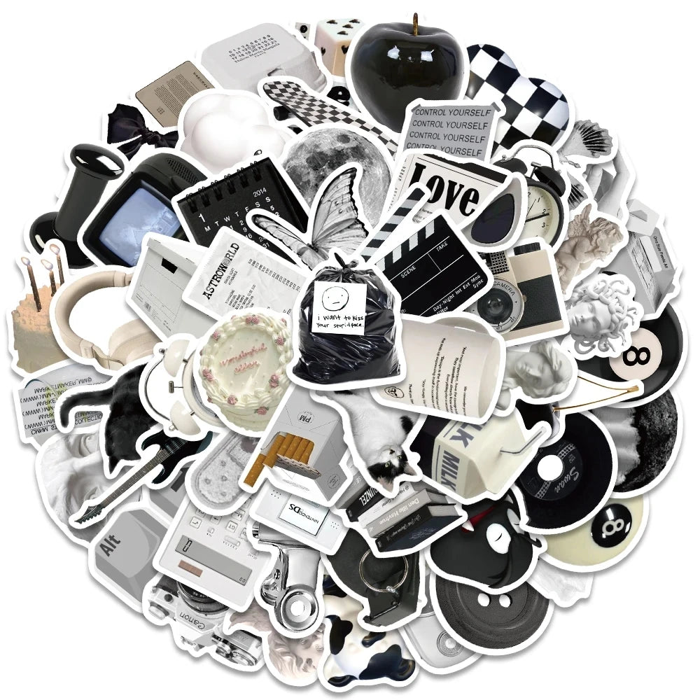 61PCS Ins Style Apathy Black White Simple Decals Cute Stickers Aesthetic Phone Notebook Suitcase Laptop Fridge Wall Sticker