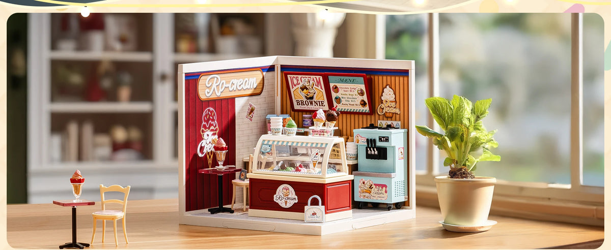 Rolife DIY Miniature House Kit Flavorful Ice Cream Super Creator Dollhouse 3D Puzzle Model Building Kit with LED for Desk Decor