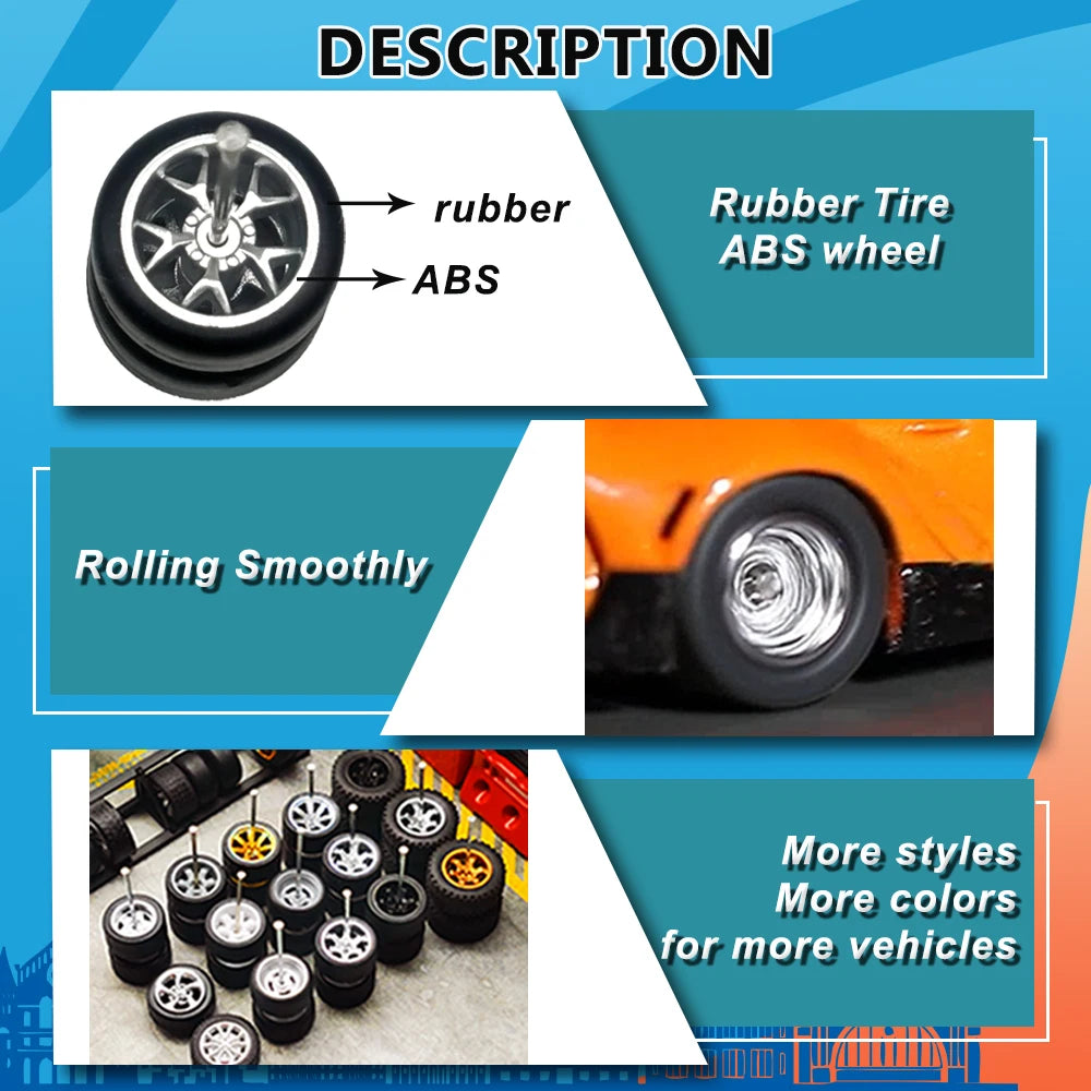 1/64 Wheels with Fixed Black Rubber Tires Six Spoke for Toy Model Diecast Cars Refitting Parts for MINIGT (5 Sets for 5 Cars)