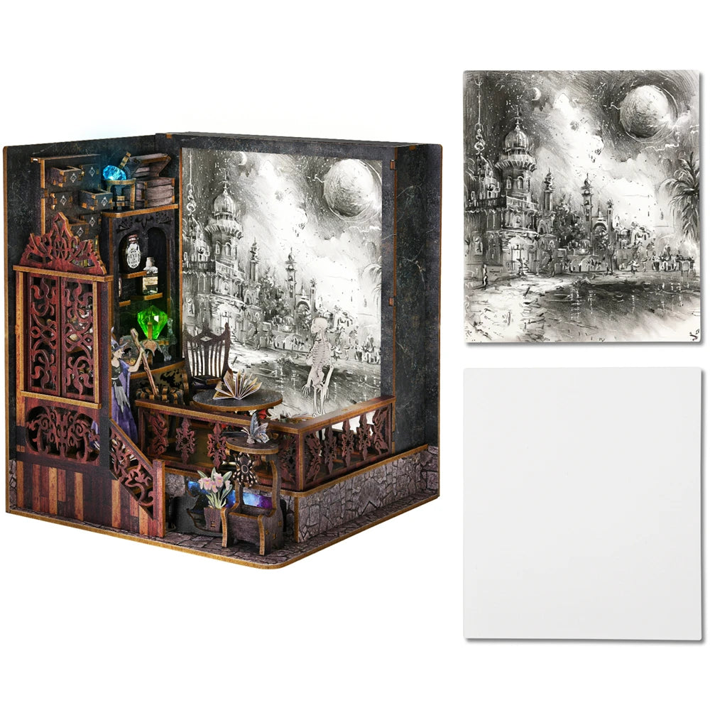 Book Nook Kit Magic Town DIY Wooden Puzzle Light Picture Bookshelf Insert Decor Dollhouse Model Bookend Building Home Decoration