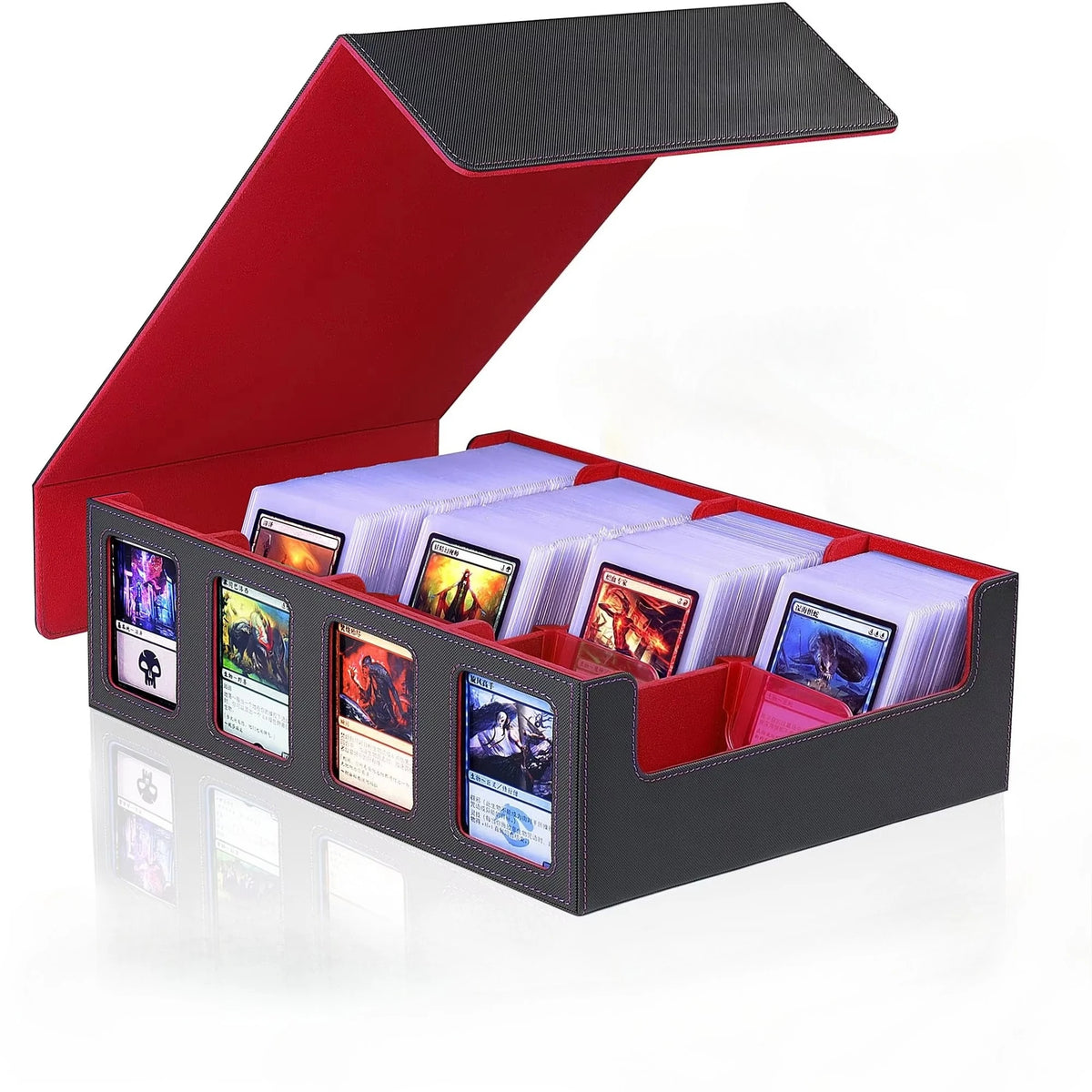 Trading Card Storage Box with Commander Display 4 Row Deck Case-Removable Lid,2400+ Card Deck Box for MTG TCG Sports Card with 4 Toploaders,4 Stoppers, 24 Dividers, 6 Dice,1 Dice Bag