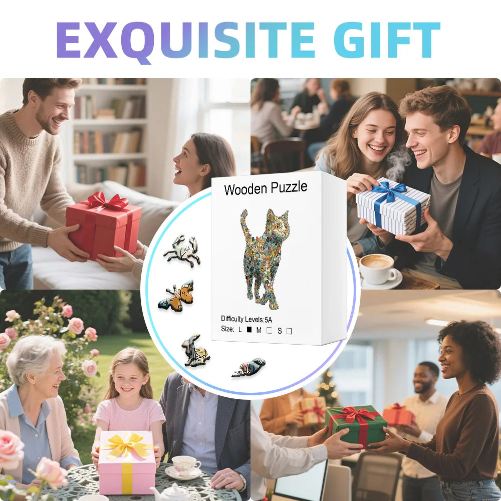 Wooden Cat Jigsaw Puzzle: Exquisite Gift, Thick Sturdy Pieces, Vibrant Colors, Home Decor & Family Fun Challenging Puzzle