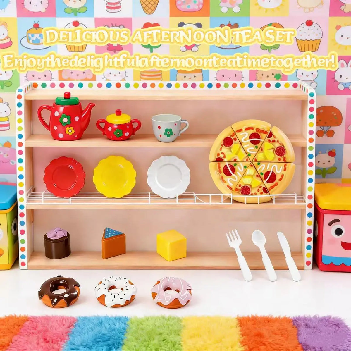27 pieces of little girl tea party set, simulation kettle set, princess tea time toy kitchen with teapot and cup, donut pizza,