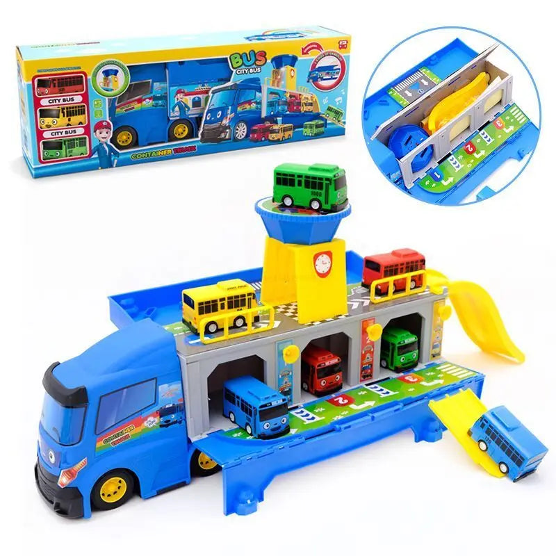 Tayos Cartoon The Little Bus Container Truck Storage Box Parking Lot With 3 Pull Back Mini Car Toys For Children Birthday Gifts