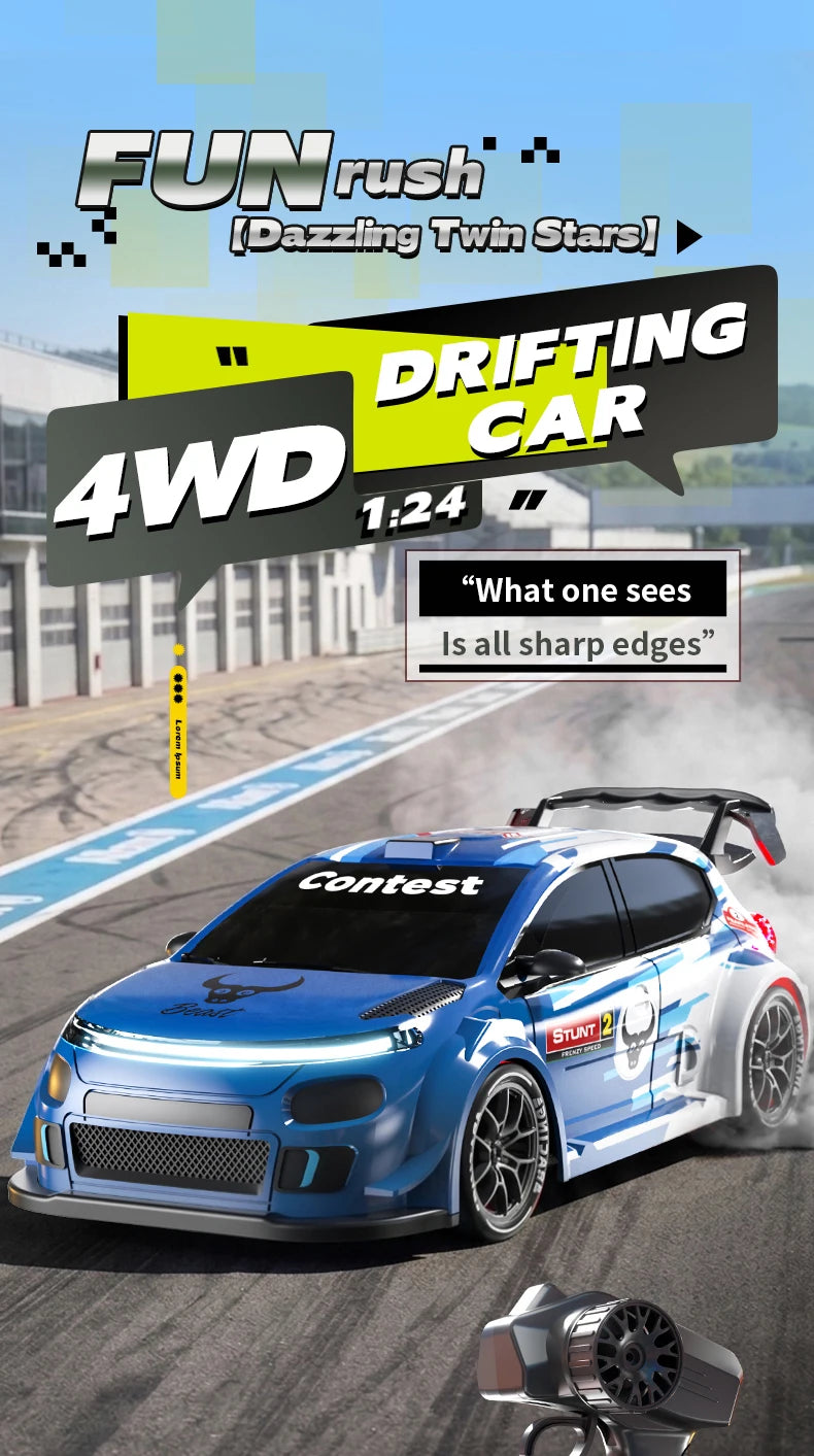 1:24 Scale 4WD Drift RC Car 2.4G Remote Pearl Finish Large Tail Fin Replaceable Racing Drift Wheel Front Rear LED Light Toy Car