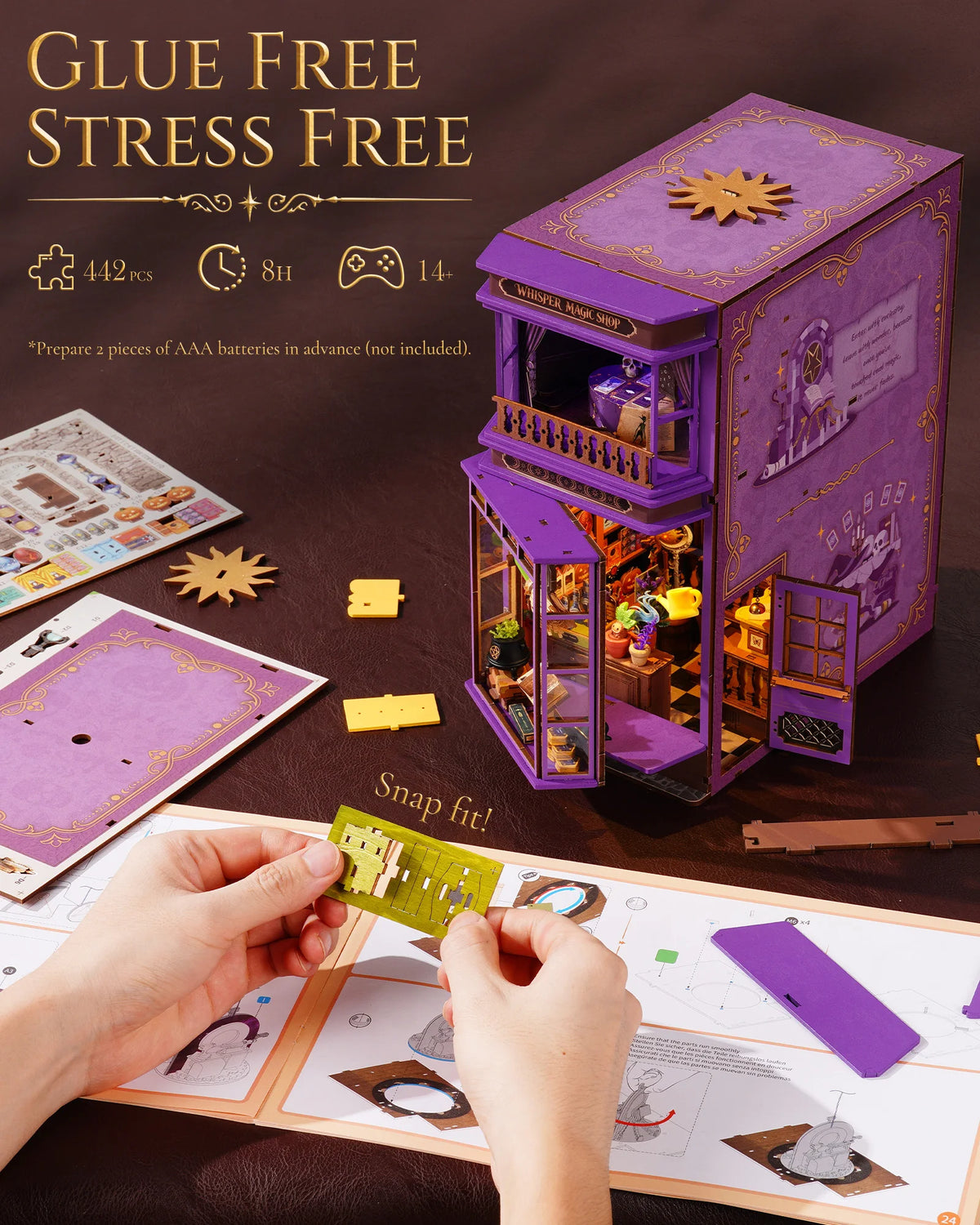 Rolife DIY Book Nook Kit 3D Puzzle Whisper Magic Shop Wooden Bookends with LED Light for Bookshelf Decor Brain Teasers Jigsaw Toys Holiday Gift for Adults