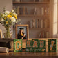 Graduation party tabletop decor set: wooden blocks in green and gold, glittered letter blocks with 'Congrats' banner and tie tr