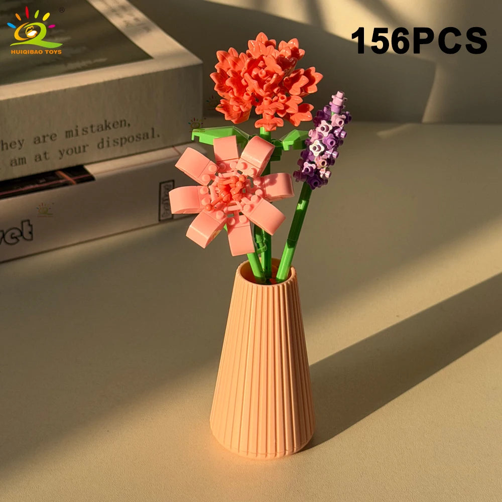 HUIQIBAO MOC Eternal Flower Bouquet with pot Micro Building Block Sunflower Rose Mini Model Brick Toy home Desk Decoration