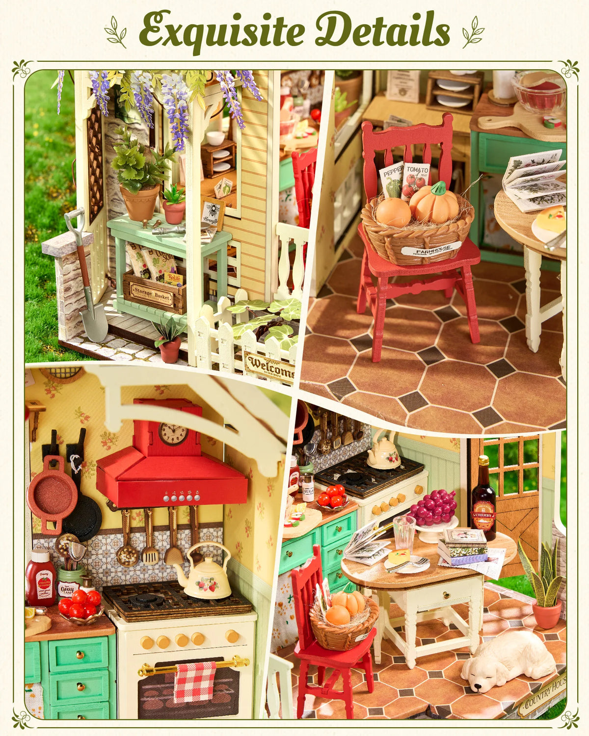 Rolife DIY Miniature House Kit 438-piece Sunlit Farmhouse Kitchen Wooden Dollhouse 3D Puzzle Tiny House Model Building Kit with LED Light Home Decor Gift for Adults Kids