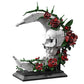 Gothic Style Assembly Model, Dark Romantic Skull and Moon Building Block Ornament, Red Roses Entwined, Surprise Gift for Your Partner, Dark Art Style