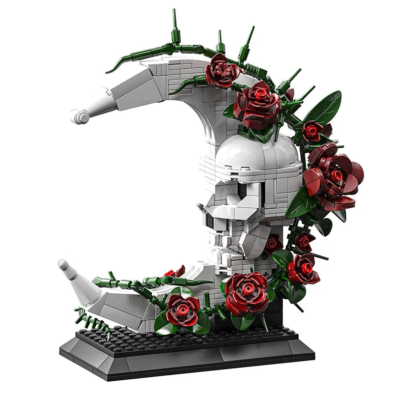 Gothic Style Assembly Model, Dark Romantic Skull and Moon Building Block Ornament, Red Roses Entwined, Surprise Gift for Your Partner, Dark Art Style