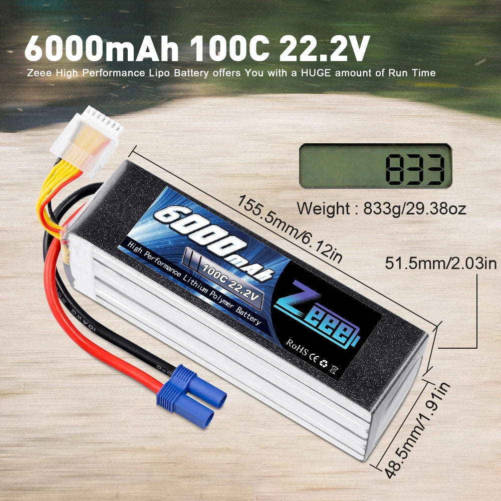 Zeee 6S 6000mAh Lipo Battery 22.2V 100C Softcase with EC5 Plug Lipo Battery for RC Car RC Airplane RC Helicopter RC Model Parts