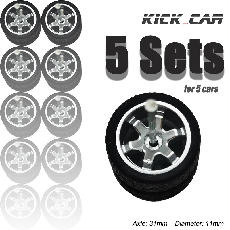 1/64 Wheels with Fixed Black Rubber Tires Six Spoke for Toy Model Diecast Cars Refitting Parts for MINIGT (5 Sets for 5 Cars)