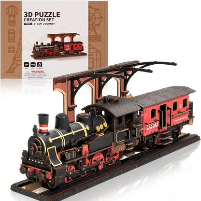 Rolife 3D Wooden Puzzle Steam Journey Mechanical Vehicle Model Building Kit DIY Puzzle Toys for Home Desk Decor Gifts for Adults