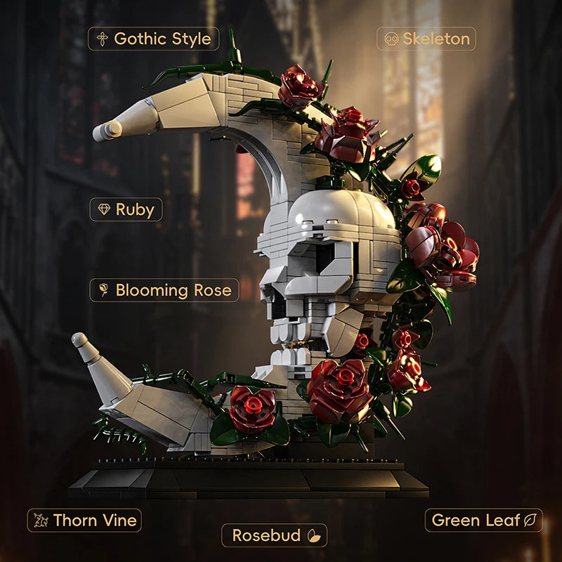 Gothic Style Assembly Model, Dark Romantic Skull and Moon Building Block Ornament, Red Roses Entwined, Surprise Gift for Your Partner, Dark Art Style