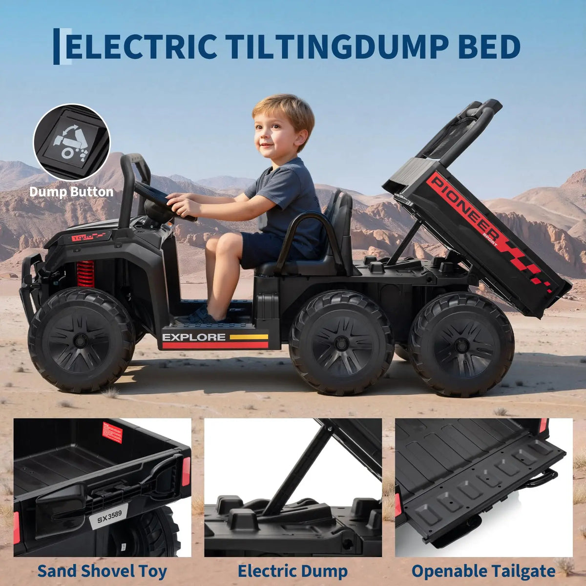 24V 4WD All-Terrain Kids Ride On Dump Truck Parental Remote Control 3 Speeds 2-Seater Off-Road Toy Car For Boys Girls
